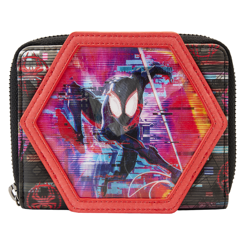Image of a black wallet with designs that look like computer glitches with a hexagonal appliqué on the front featuring a lenticular panel that shows Miles Morales  in one view and Spider-Gwen on the other